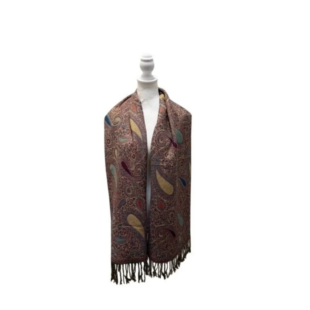 Luxury Pashmina Silk Blend Scarf Paisley Print Fringe Brown Blue Red Yellow